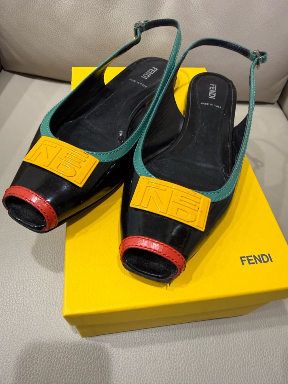 Fendi Women's Black Patent Leather Slingback Peep-Toe Pumps with Color Accents